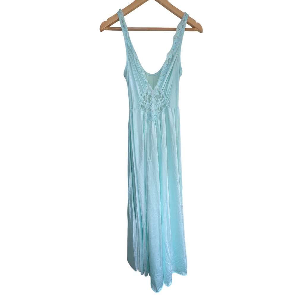 Vintage Olga 92270 Maxi Nightgown Womens L Seafoam Green Lace Spandex Bodice